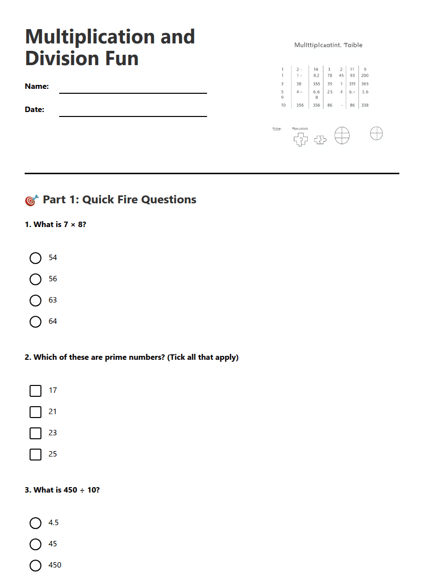 Multiplication and Division Fun worksheet preview