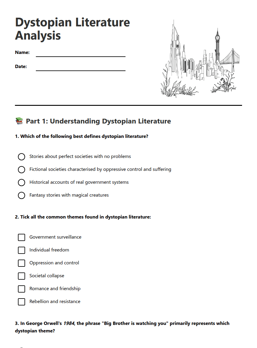 Dystopian Literature Analysis worksheet preview