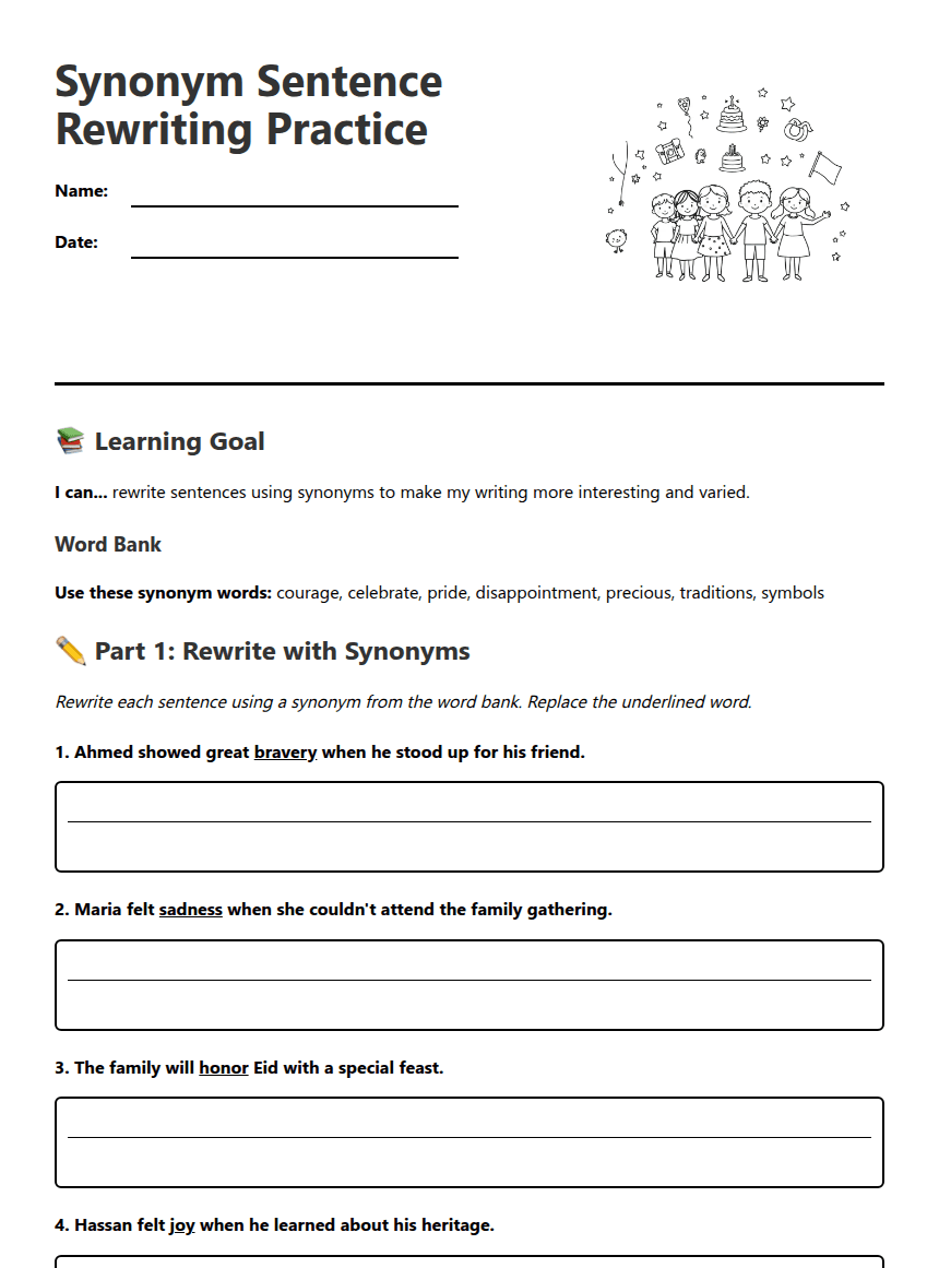 Synonym Sentence Rewriting Practice worksheet preview