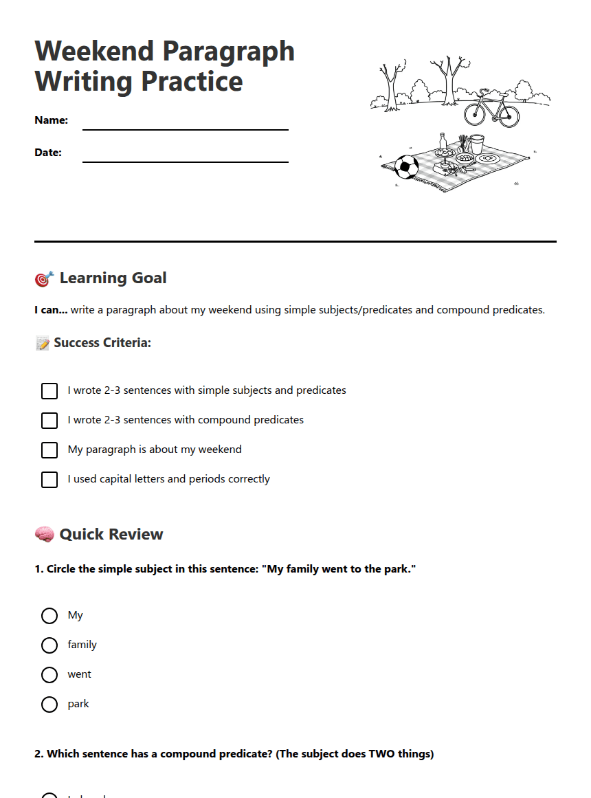 Weekend Paragraph Writing Practice worksheet preview