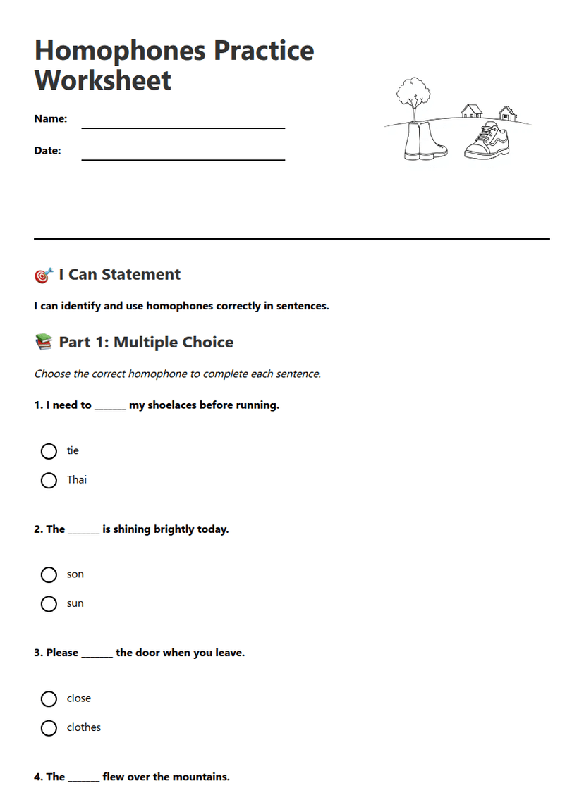 Homophones Practice Worksheet