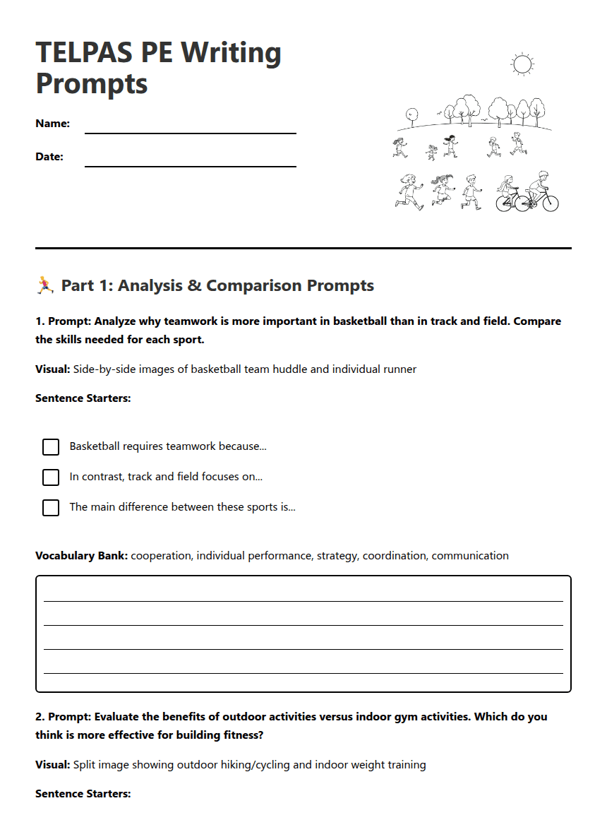 TELPAS PE Writing Prompts worksheet preview