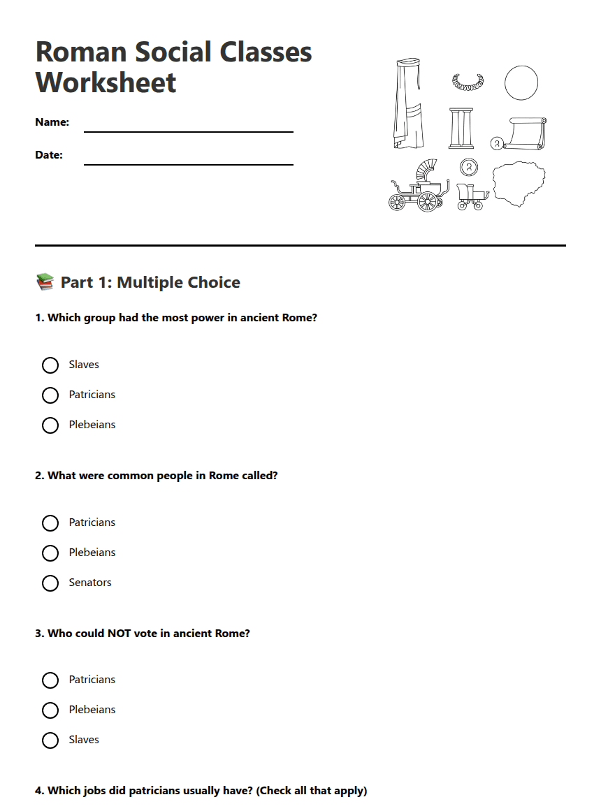 Roman Social Classes Worksheet worksheet preview
