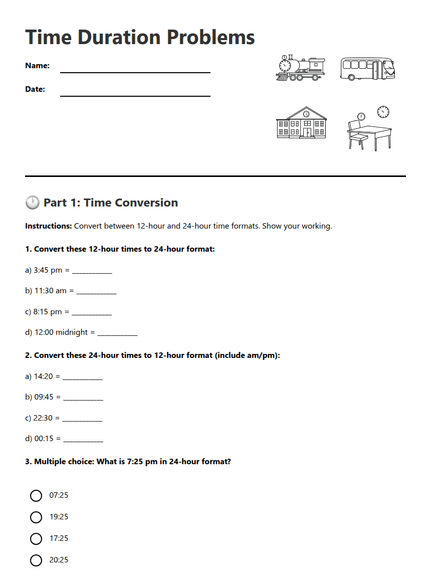 Time Duration Problems worksheet preview