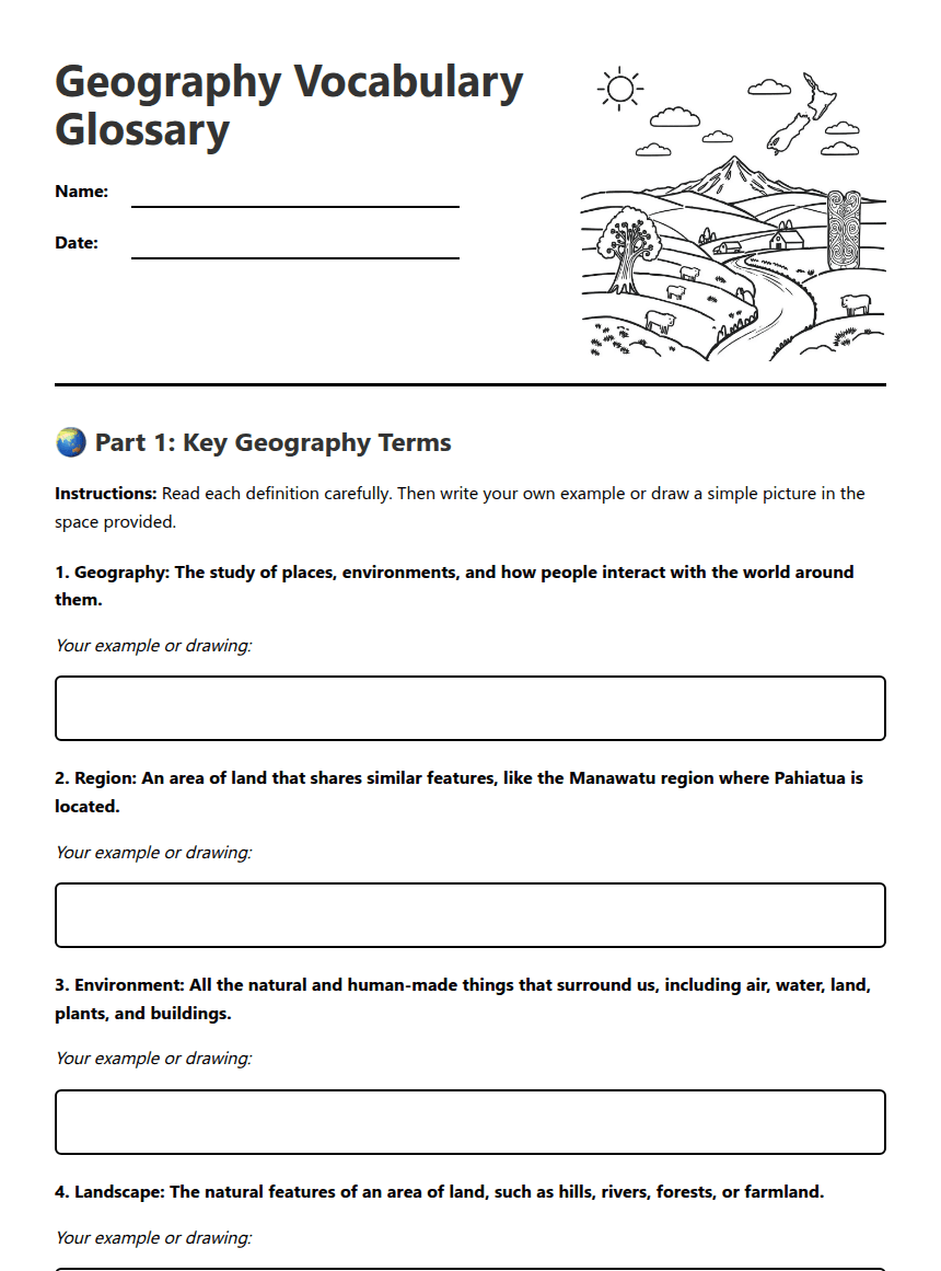 Geography Vocabulary Glossary worksheet preview