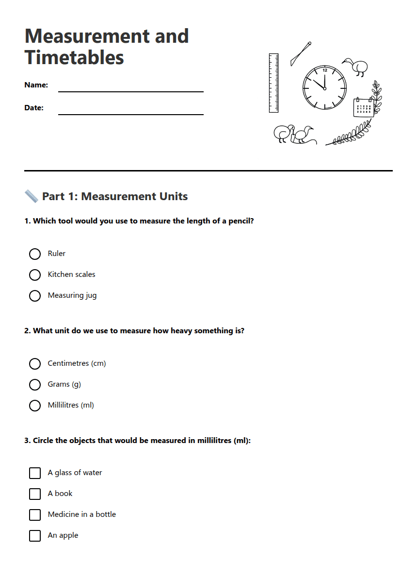 Measurement and Timetables worksheet preview