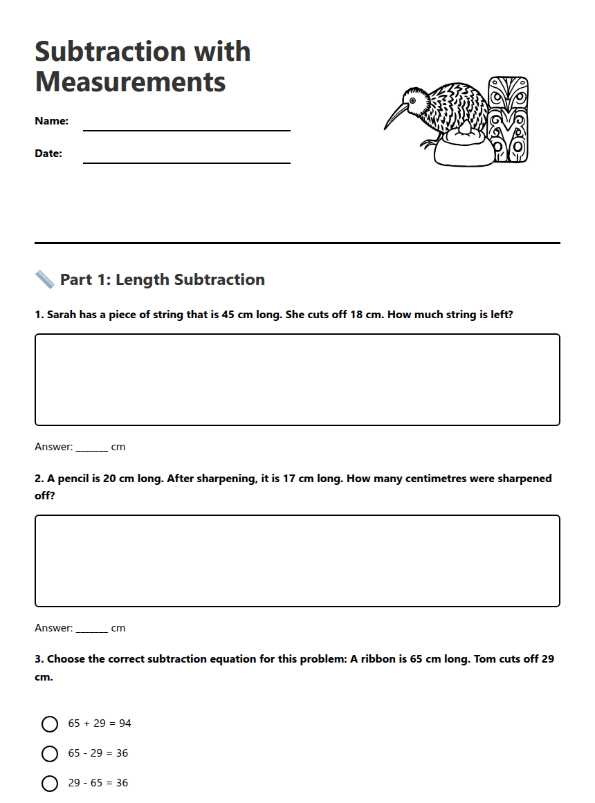 Subtraction with Measurements worksheet preview