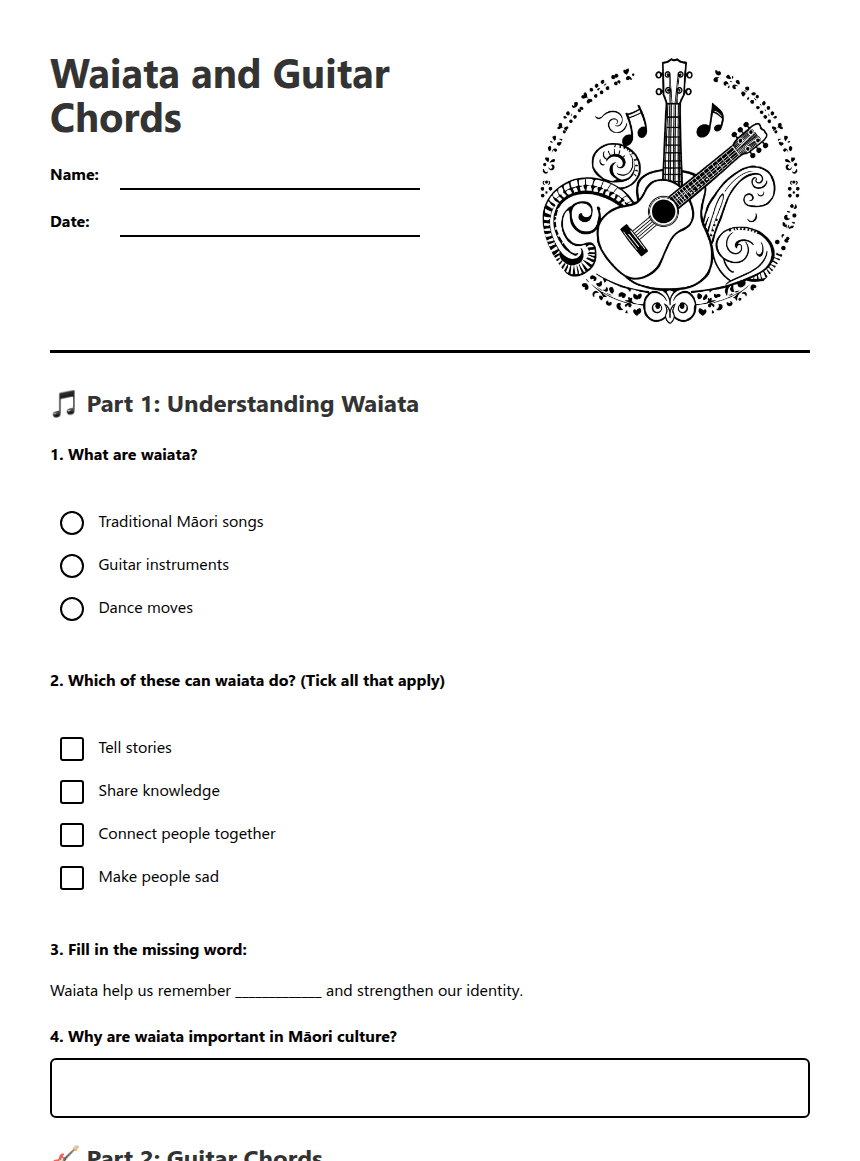 Waiata and Guitar Chords worksheet preview