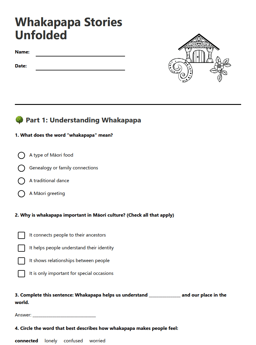 Whakapapa Stories Unfolded worksheet preview