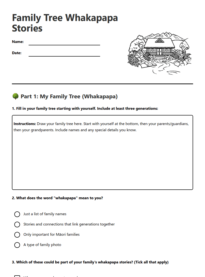 Family Tree Whakapapa Stories worksheet preview