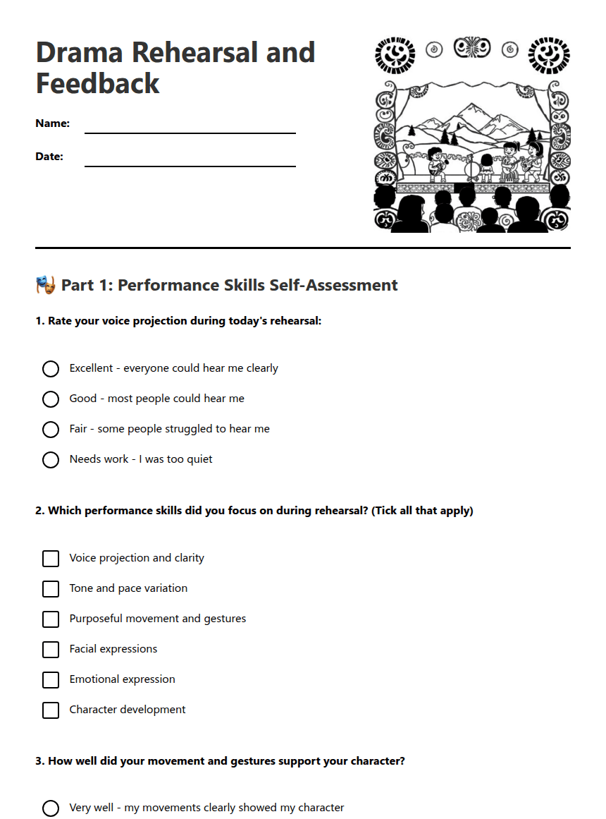 Drama Rehearsal and Feedback worksheet preview
