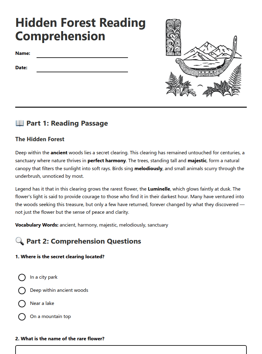 Hidden Forest Reading Comprehension worksheet preview