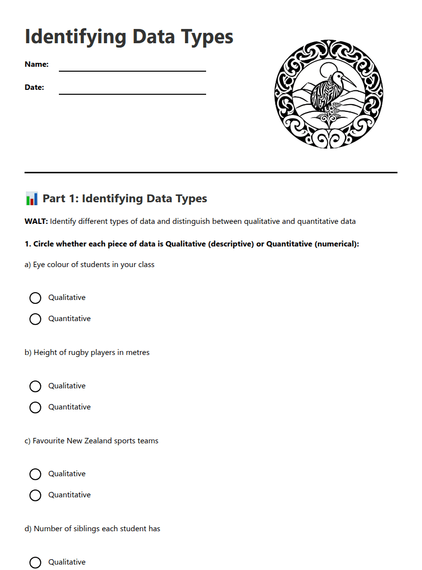 Identifying Data Types worksheet preview