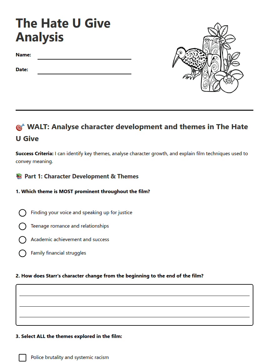 The Hate U Give Analysis worksheet preview