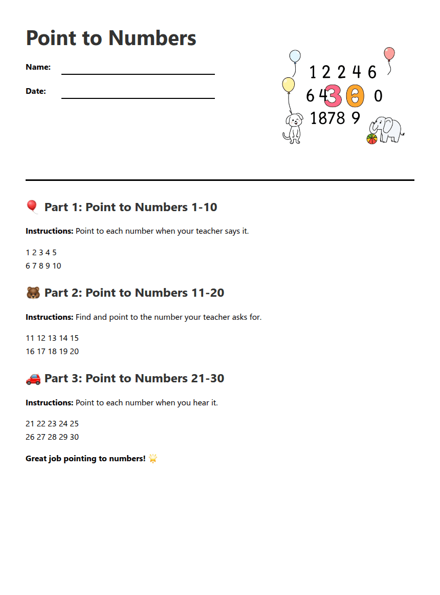 Point to Numbers worksheet preview