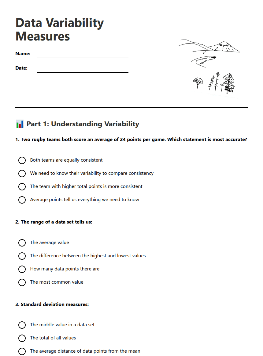 Data Variability Measures worksheet preview