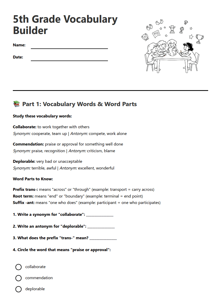 5th Grade Vocabulary Builder worksheet preview