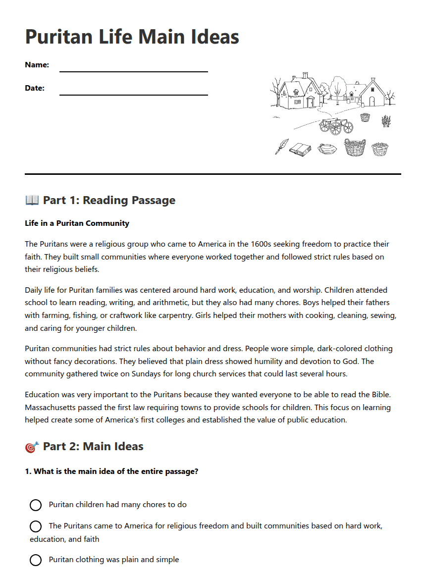 Puritan Life Main Ideas worksheet preview