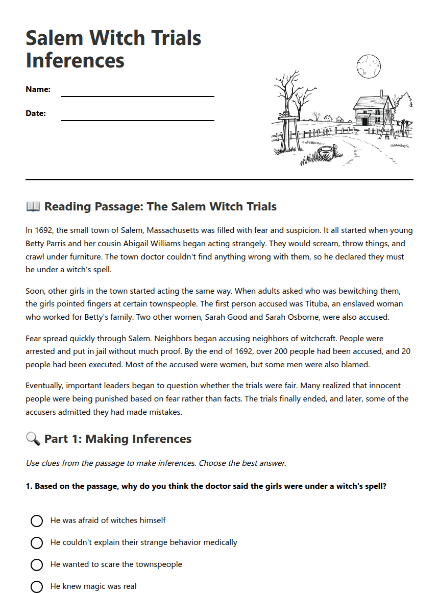 Salem Witch Trials Inferences worksheet preview