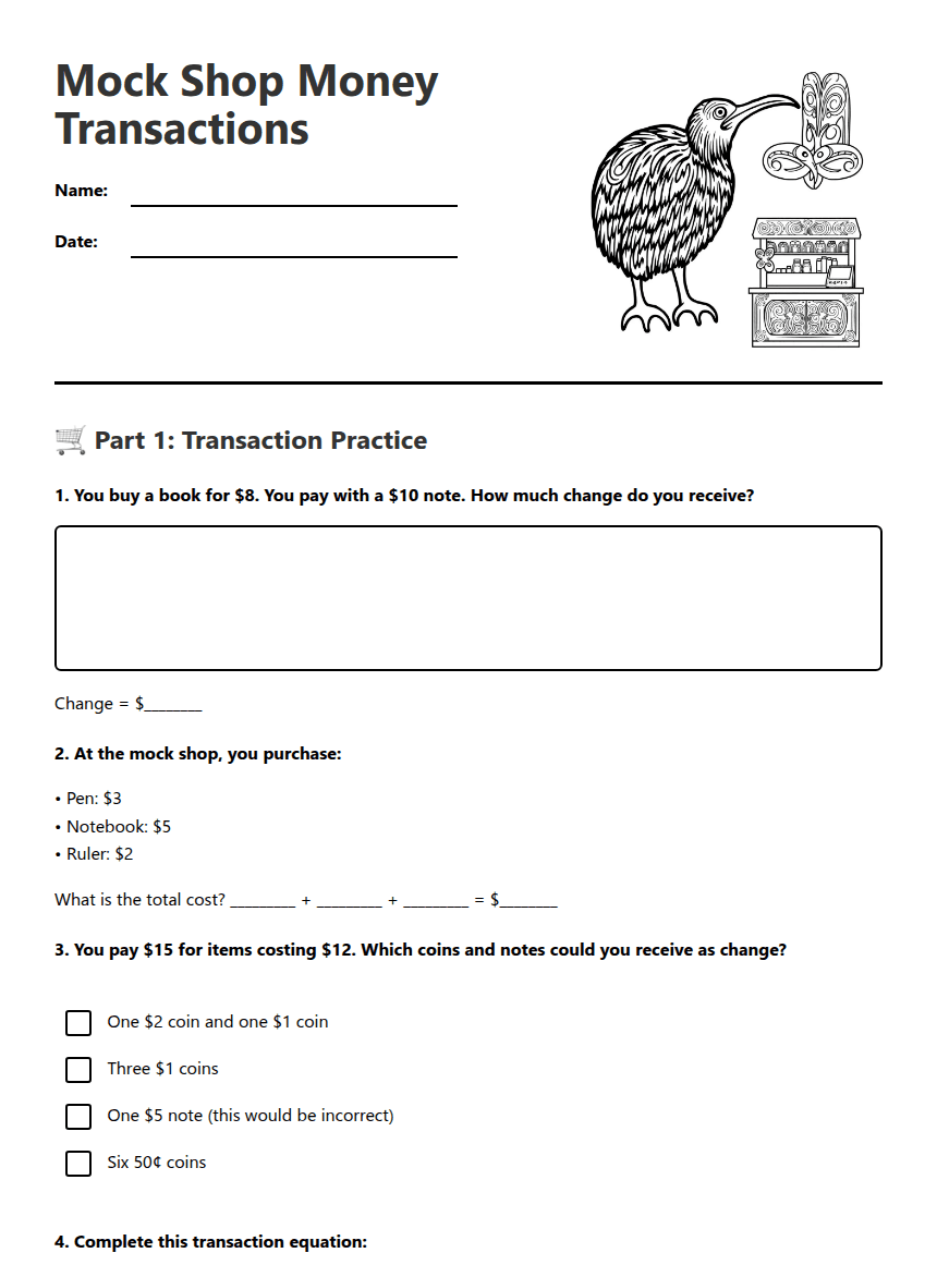 Mock Shop Money Transactions worksheet preview