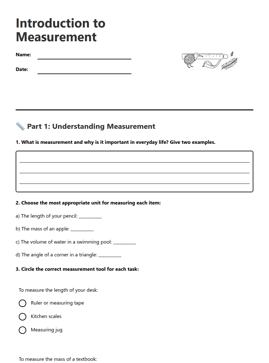 Introduction to Measurement worksheet preview