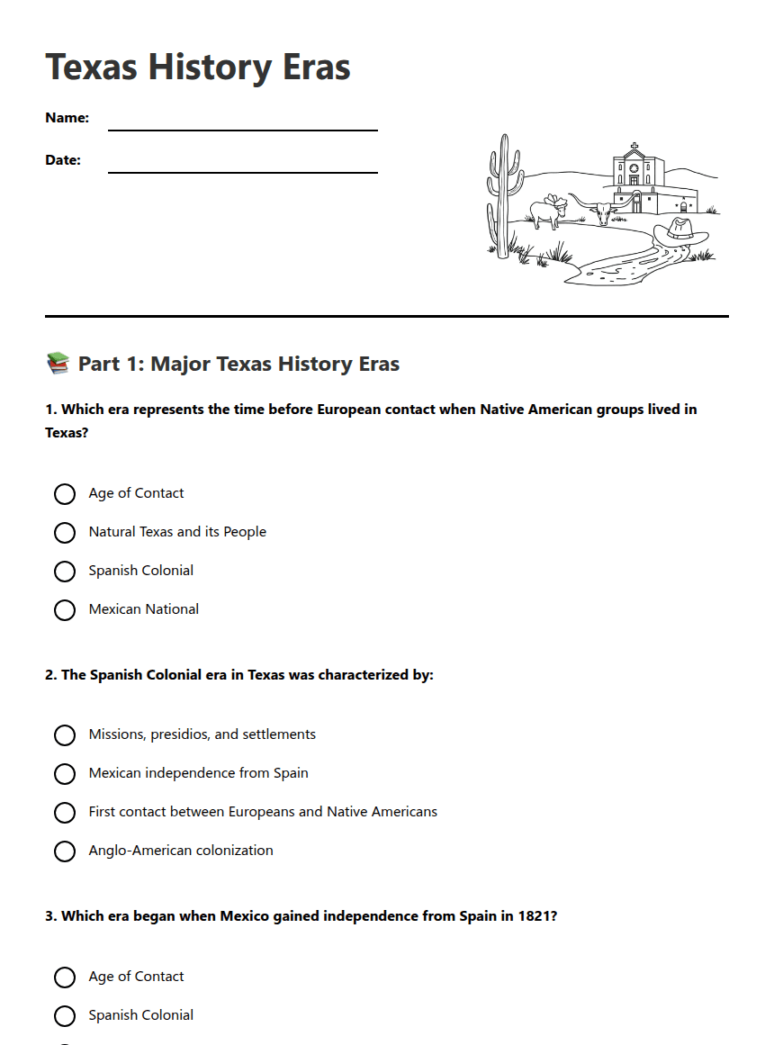 Texas History Eras worksheet preview