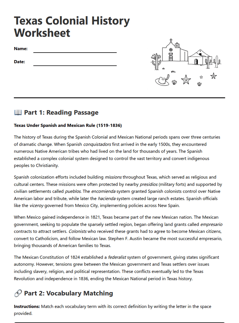 Texas Colonial History Worksheet