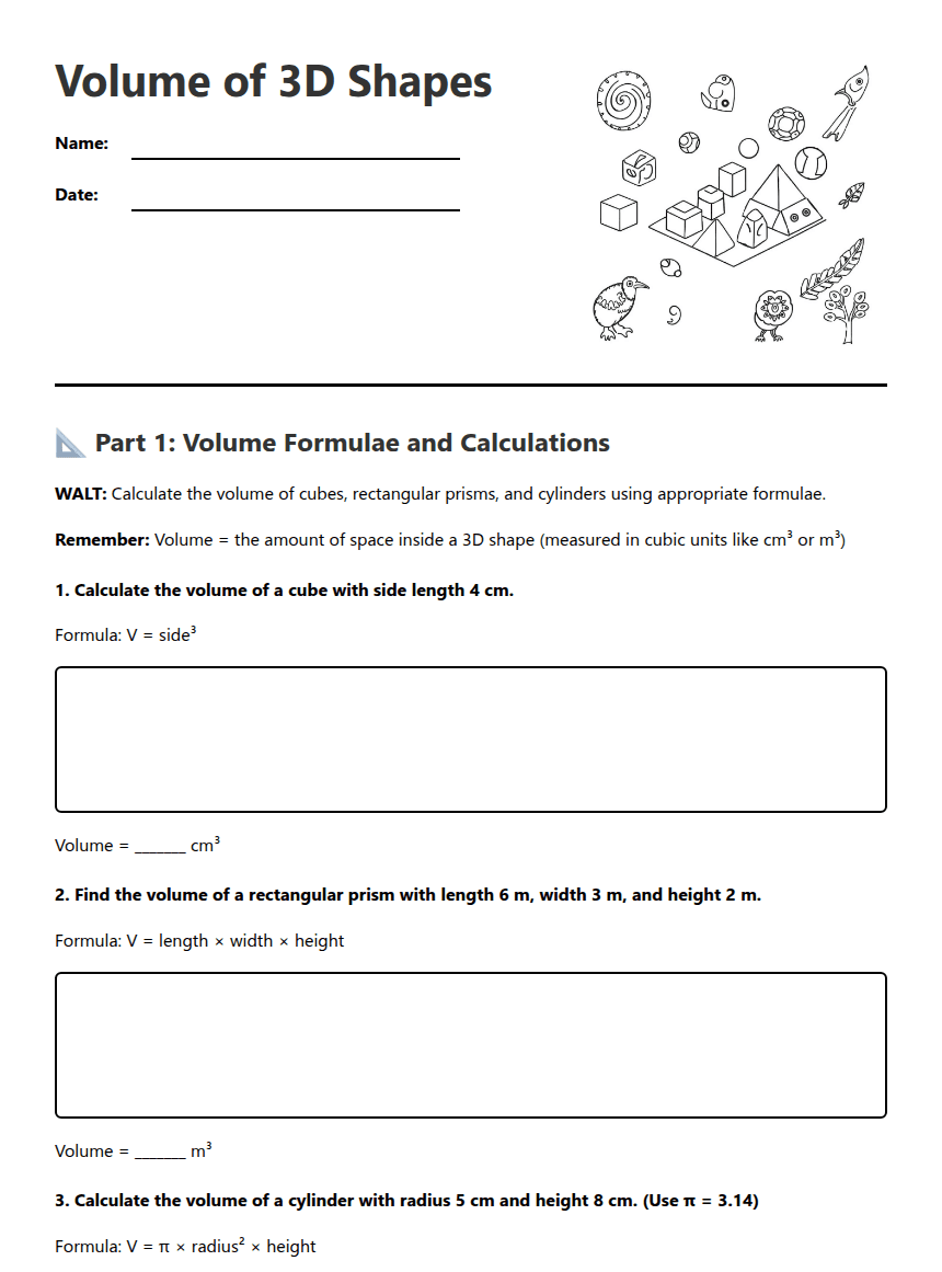 Volume of 3D Shapes worksheet preview