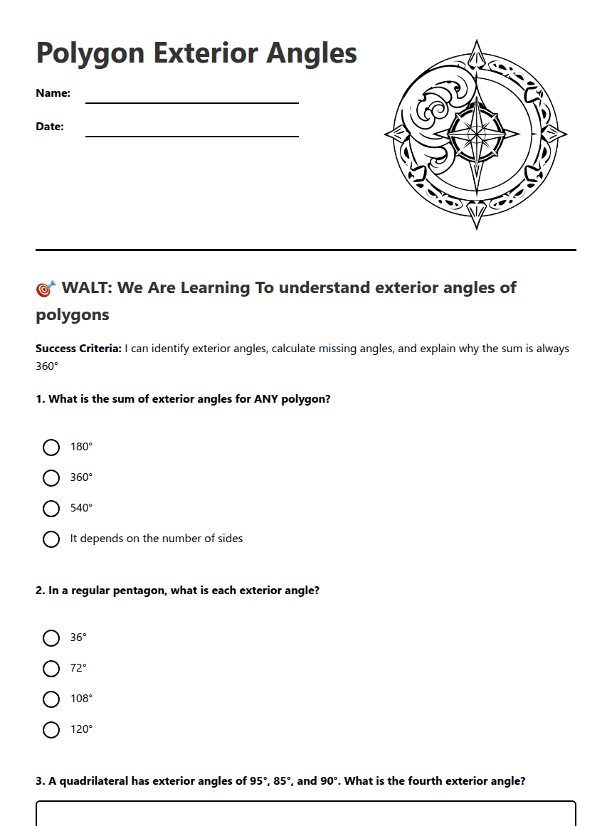 Polygon Exterior Angles worksheet preview