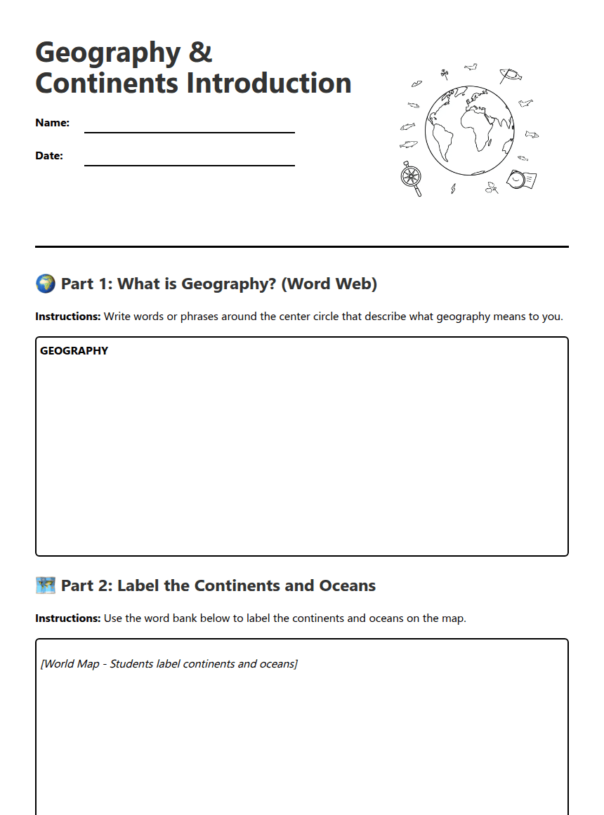 Geography & Continents Introduction worksheet preview