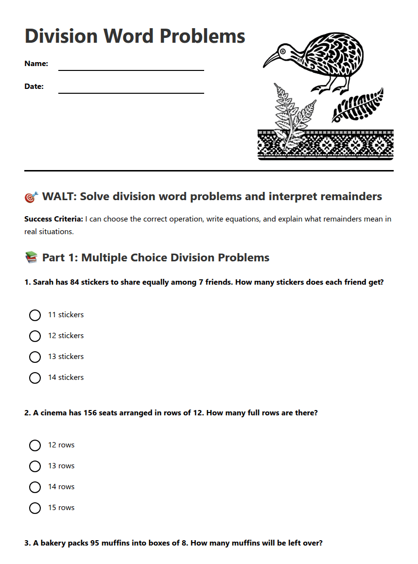 Division Word Problems worksheet preview