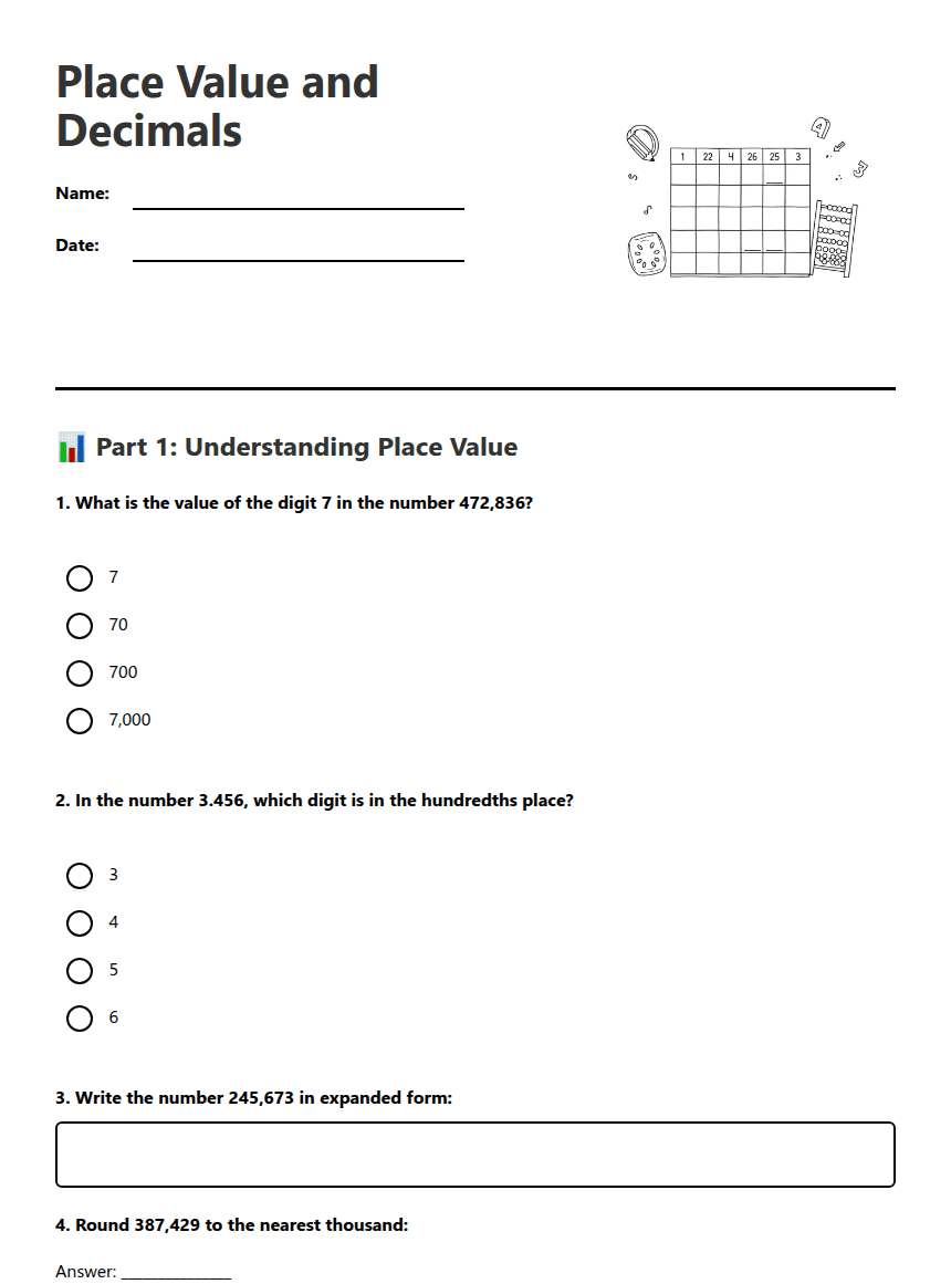 Place Value and Decimals worksheet preview
