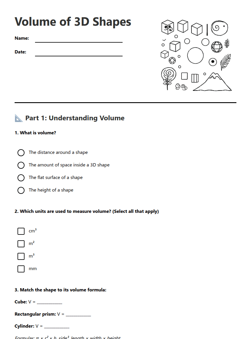 Volume of 3D Shapes worksheet preview