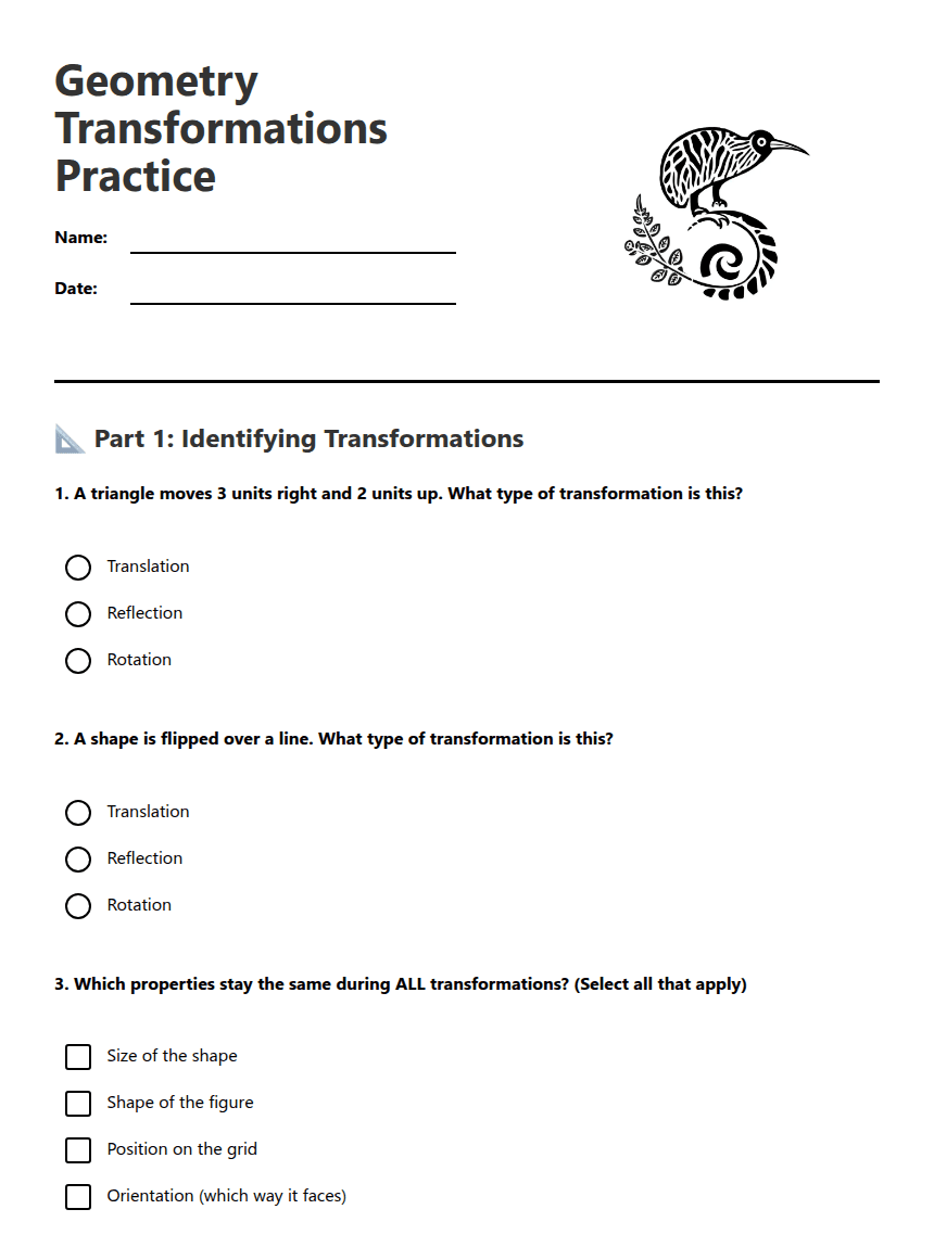 Geometry Transformations Practice worksheet preview