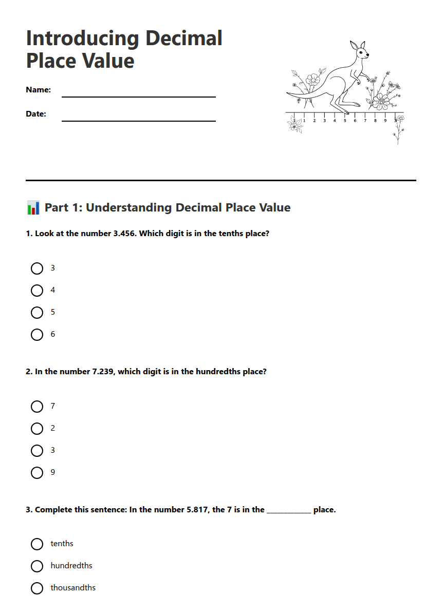 Introducing Decimal Place Value worksheet preview