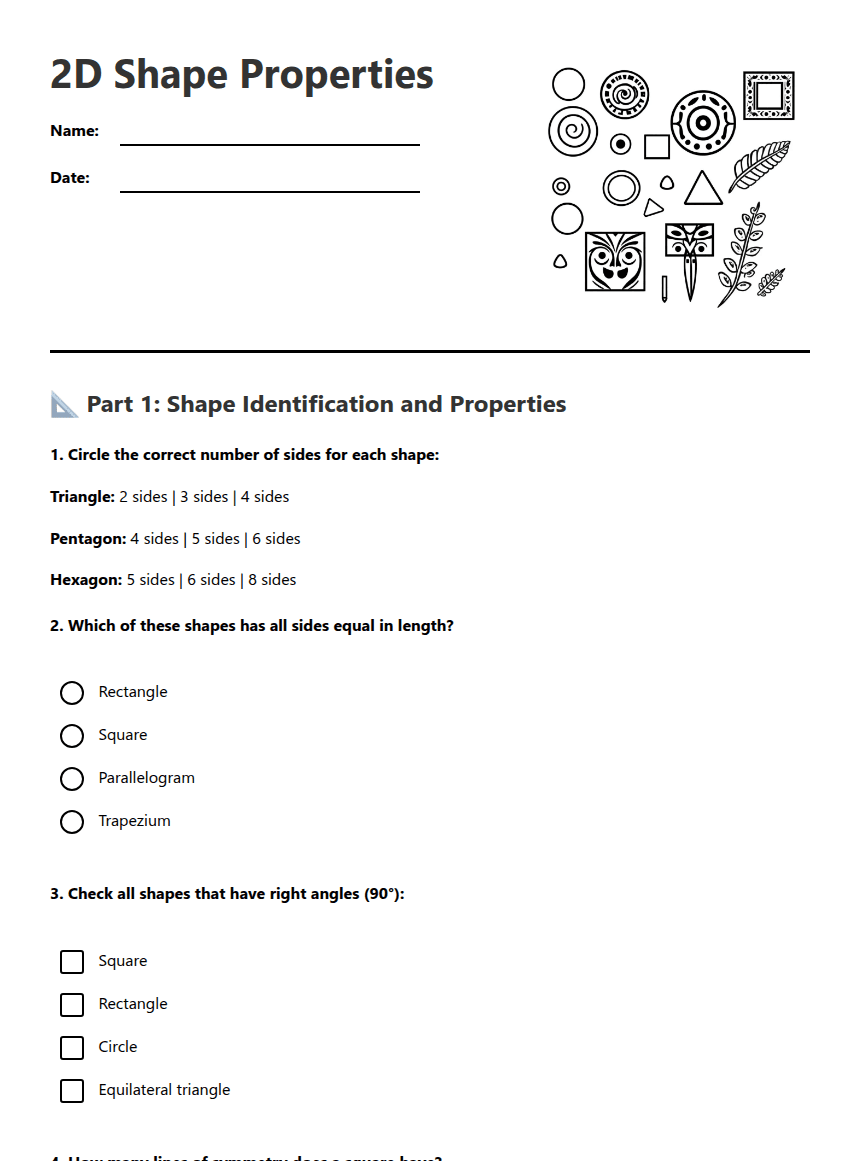 2D Shape Properties worksheet preview