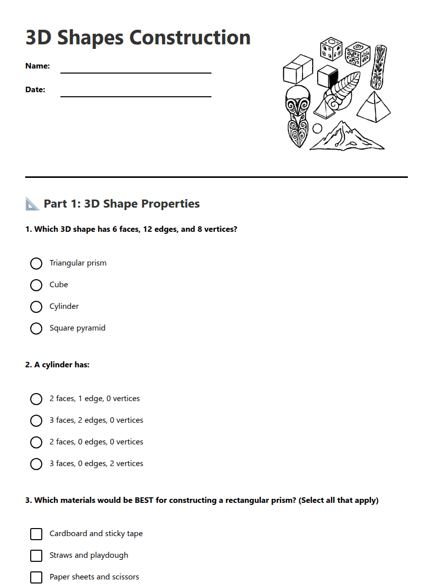 3D Shapes Construction worksheet preview