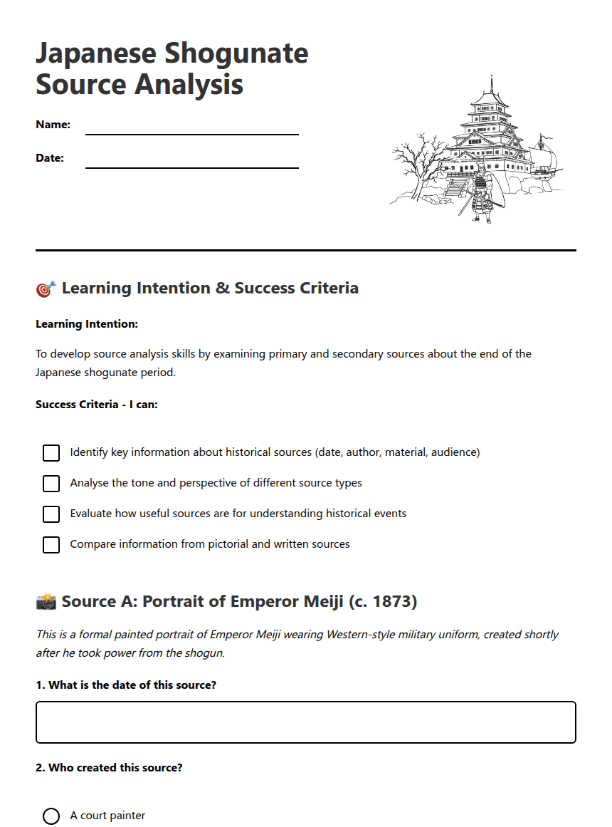 Japanese Shogunate Source Analysis worksheet preview