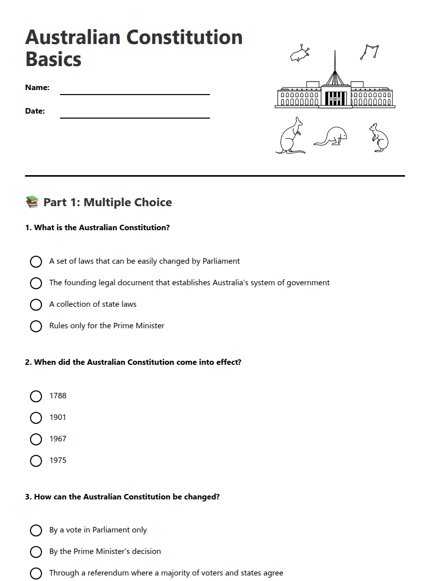 Australian Constitution Basics worksheet preview