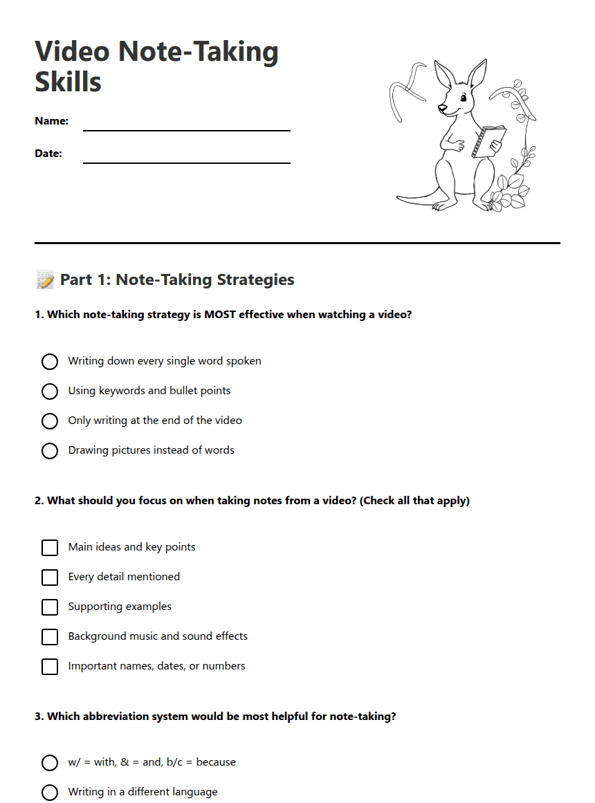 Video Note-Taking Skills worksheet preview