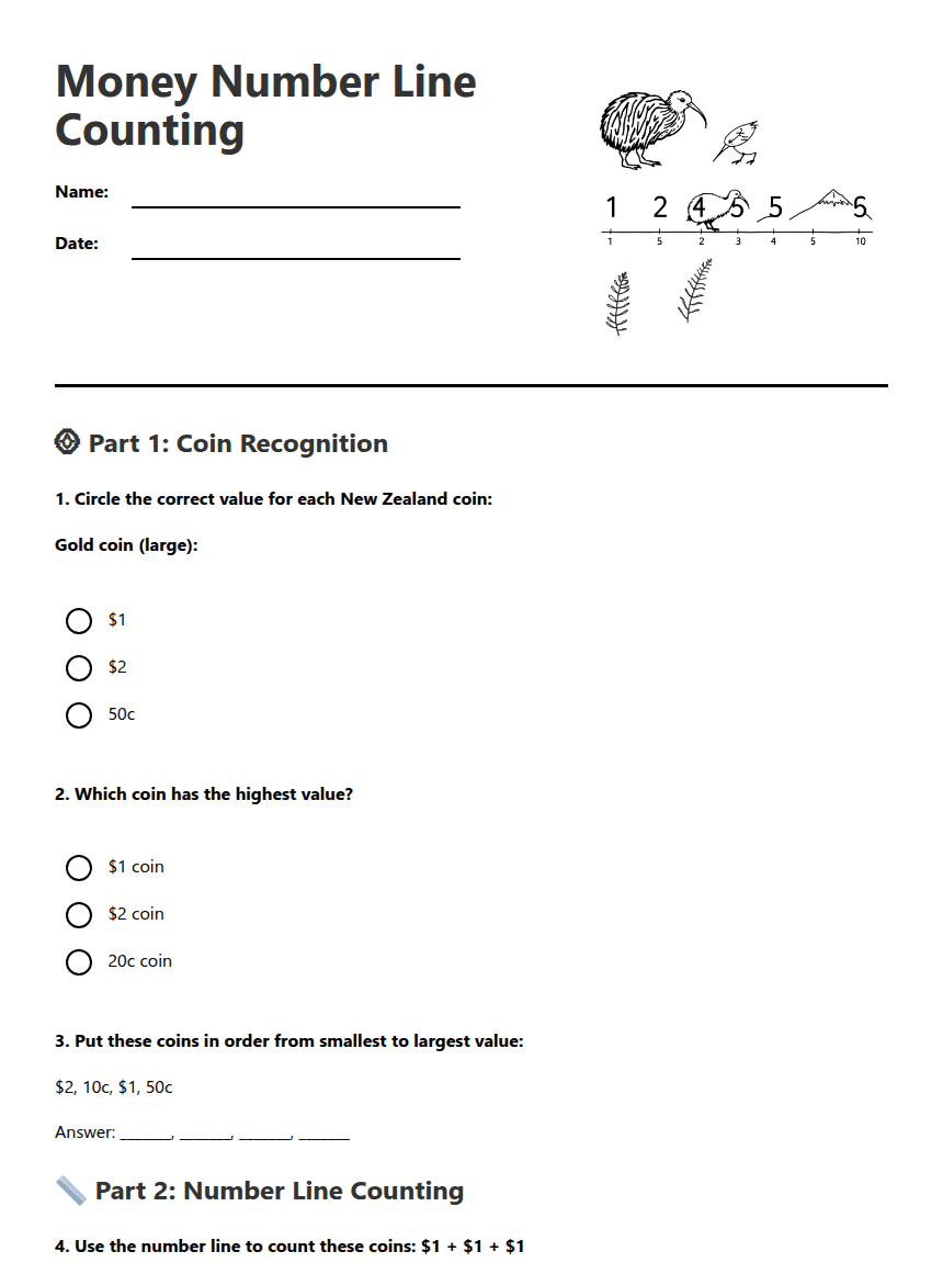 Money Number Line Counting worksheet preview