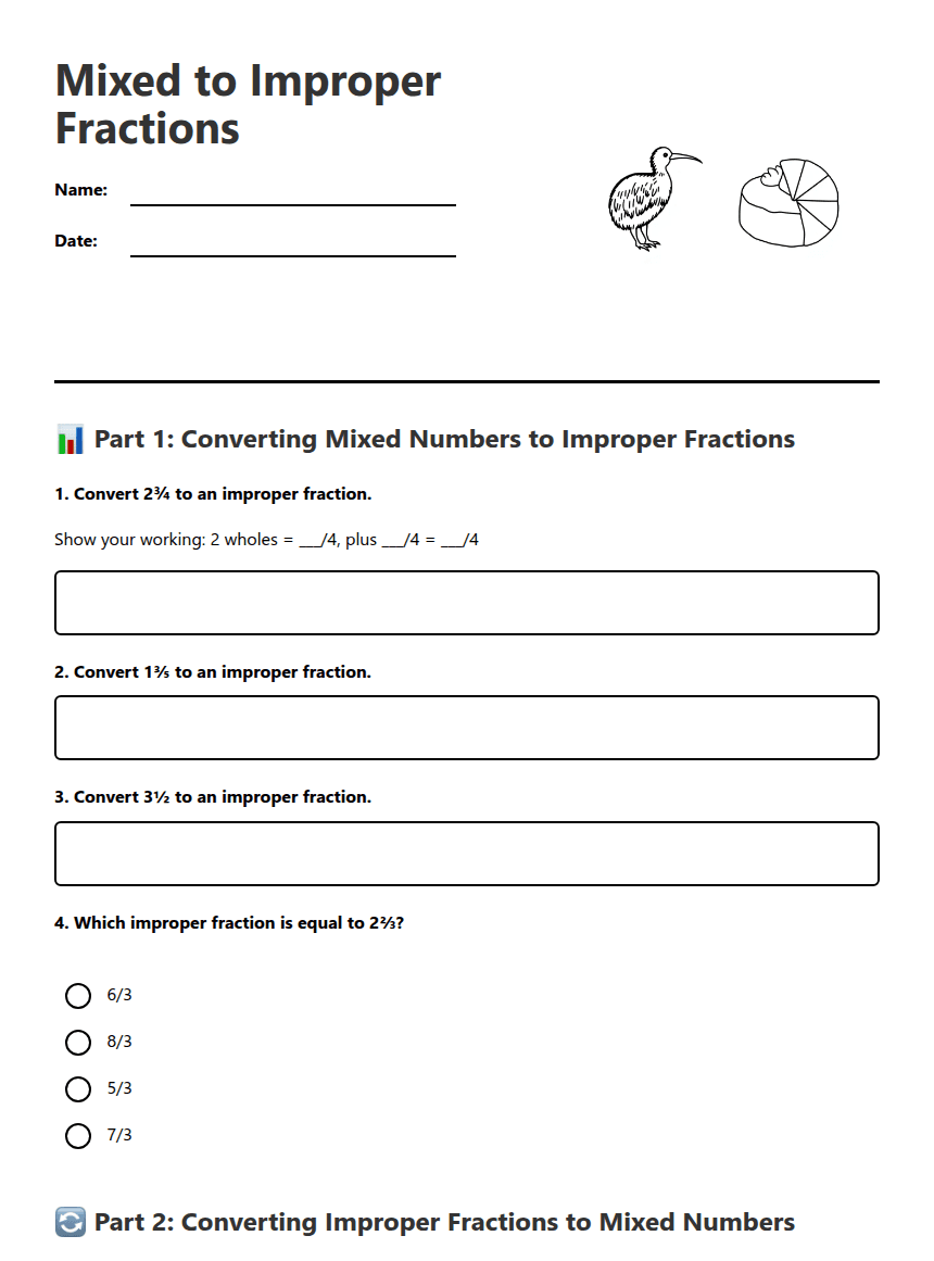 Mixed to Improper Fractions worksheet preview