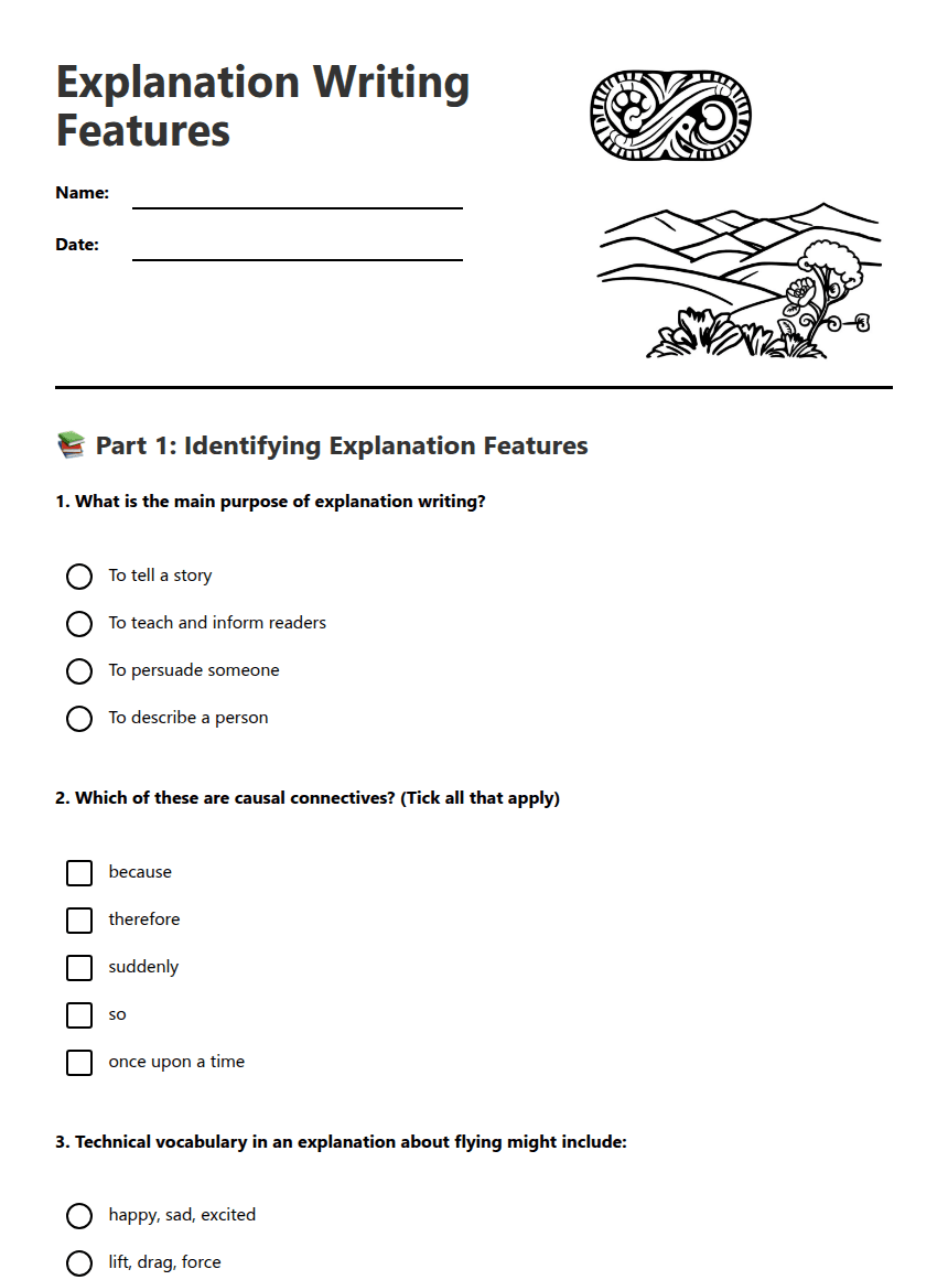 Explanation Writing Features worksheet preview