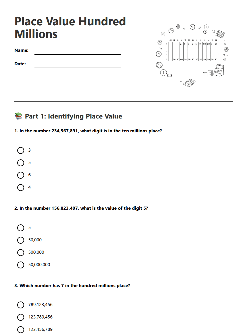 Place Value Hundred Millions worksheet preview