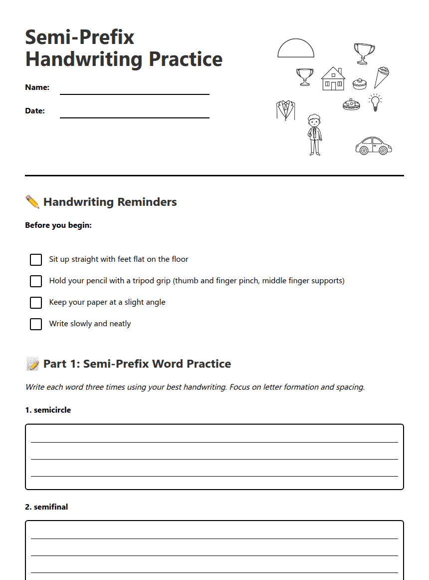Semi-Prefix Handwriting Practice worksheet preview