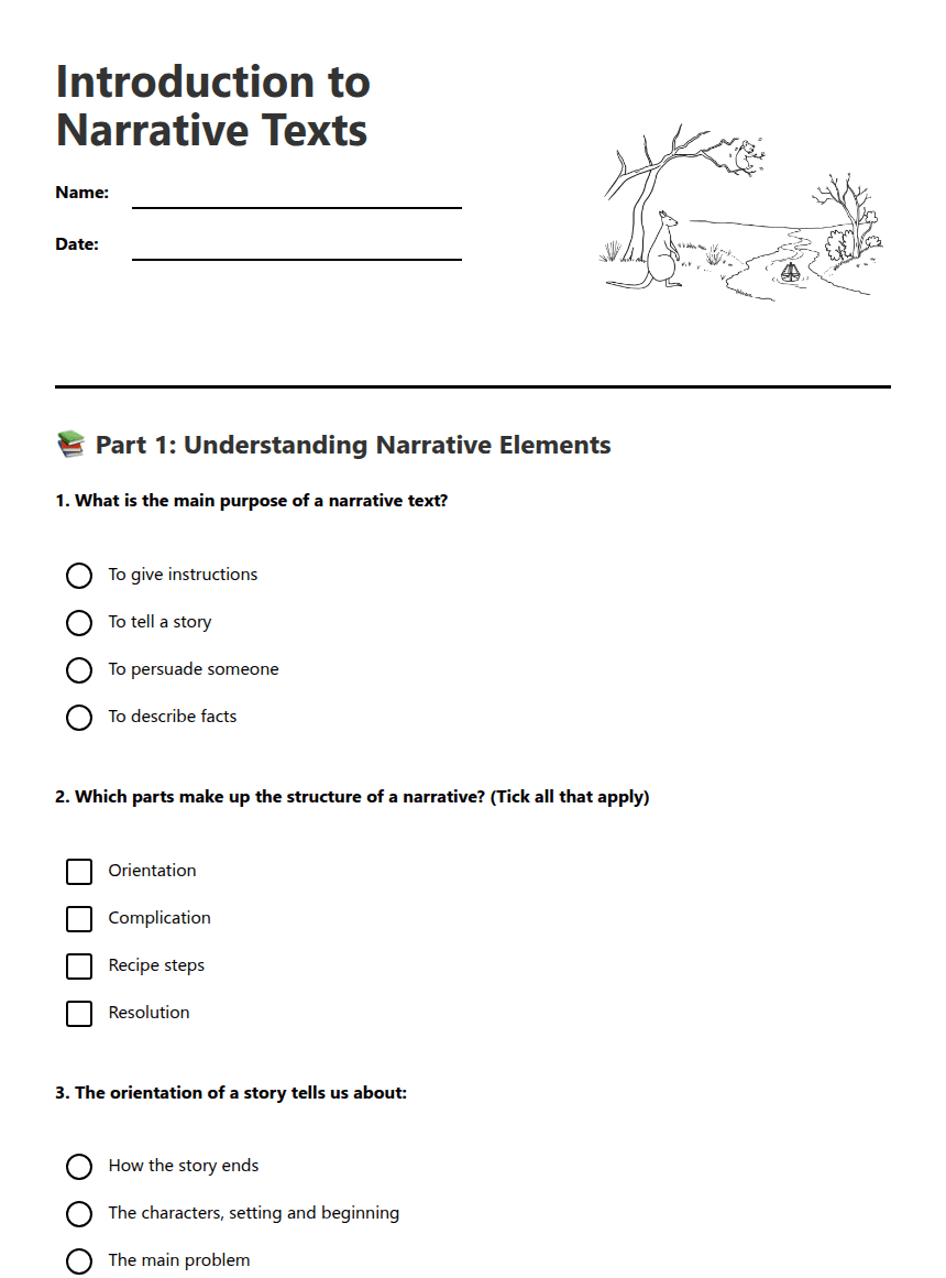 Introduction to Narrative Texts worksheet preview