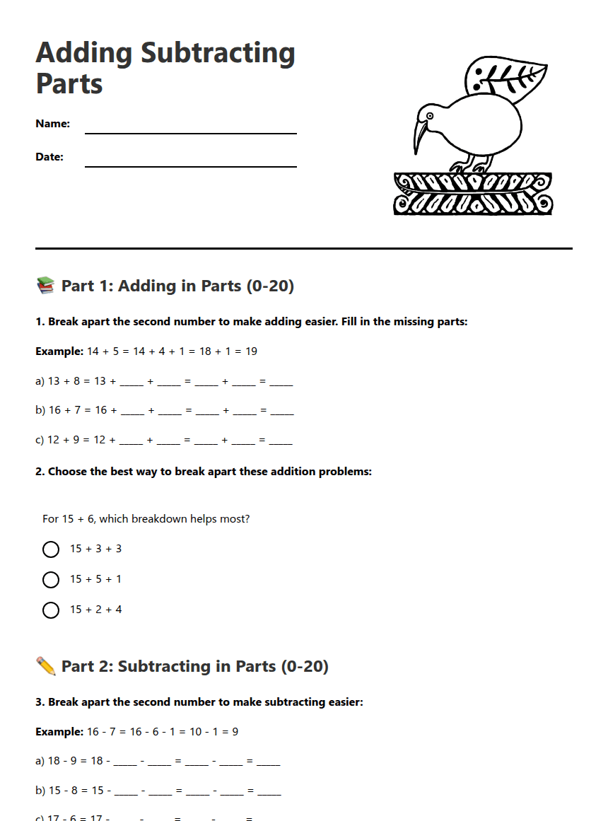 Adding Subtracting Parts worksheet preview