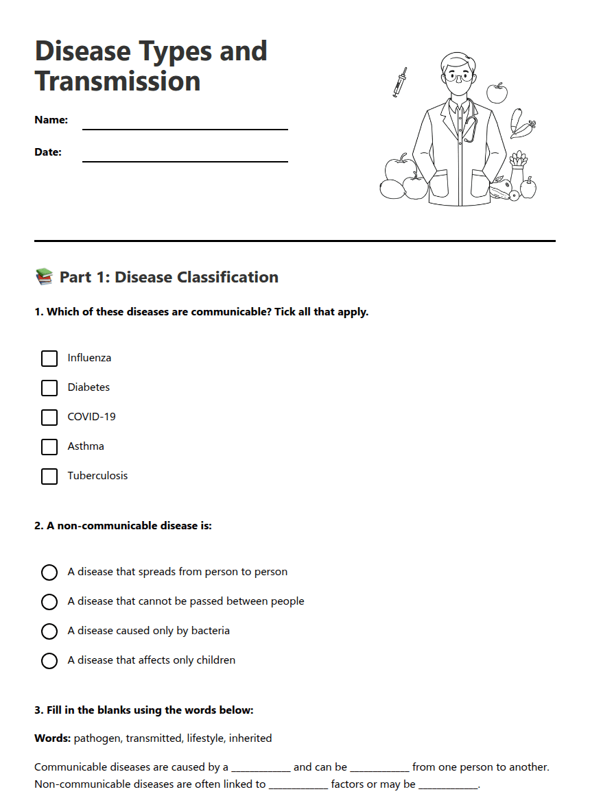 Disease Types and Transmission worksheet preview