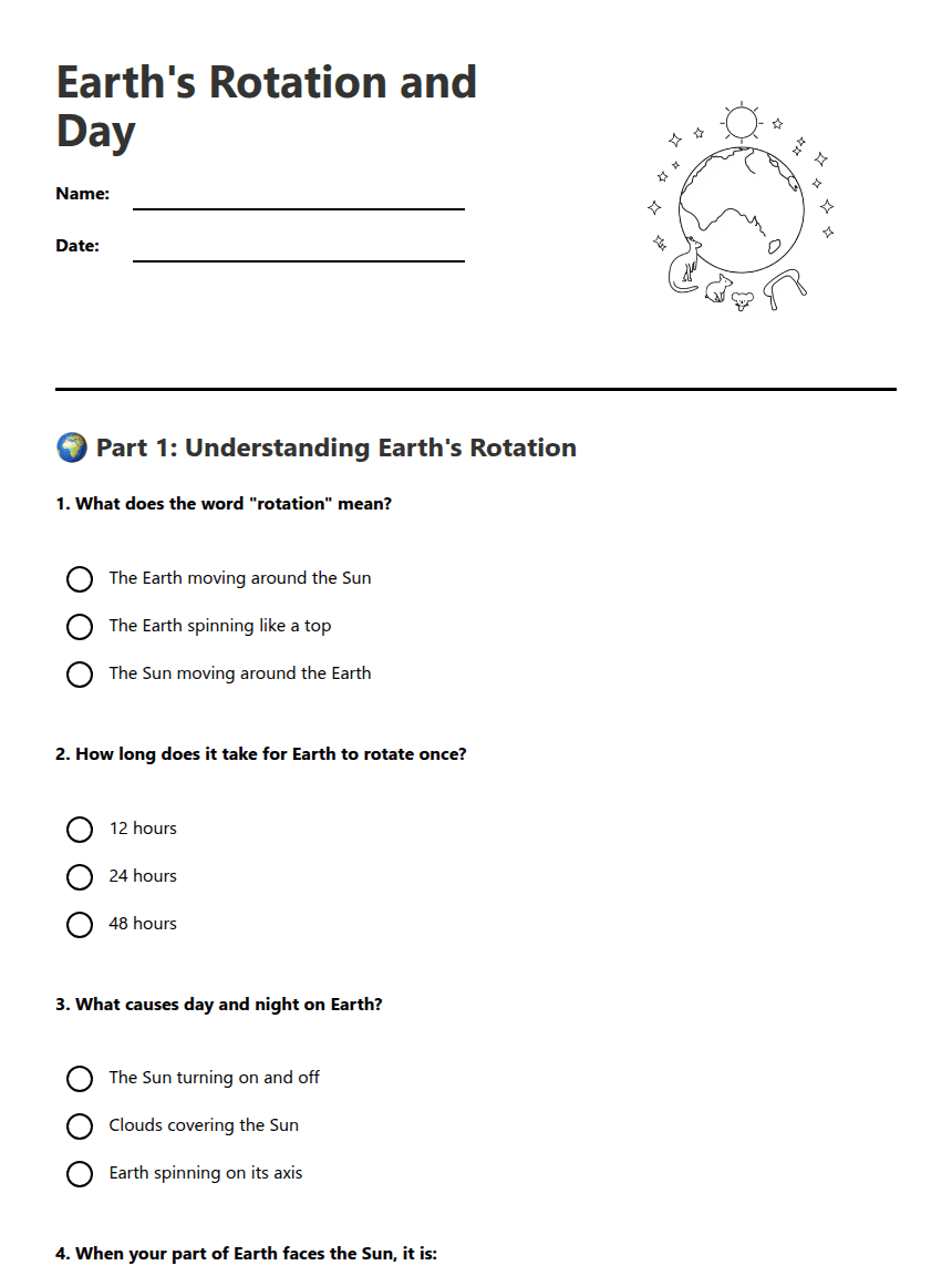Earth's Rotation and Day worksheet preview