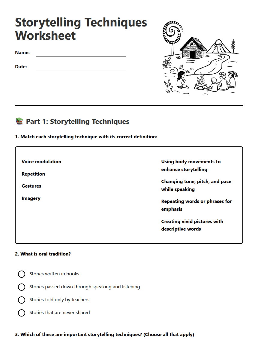 Storytelling Techniques Worksheet worksheet preview
